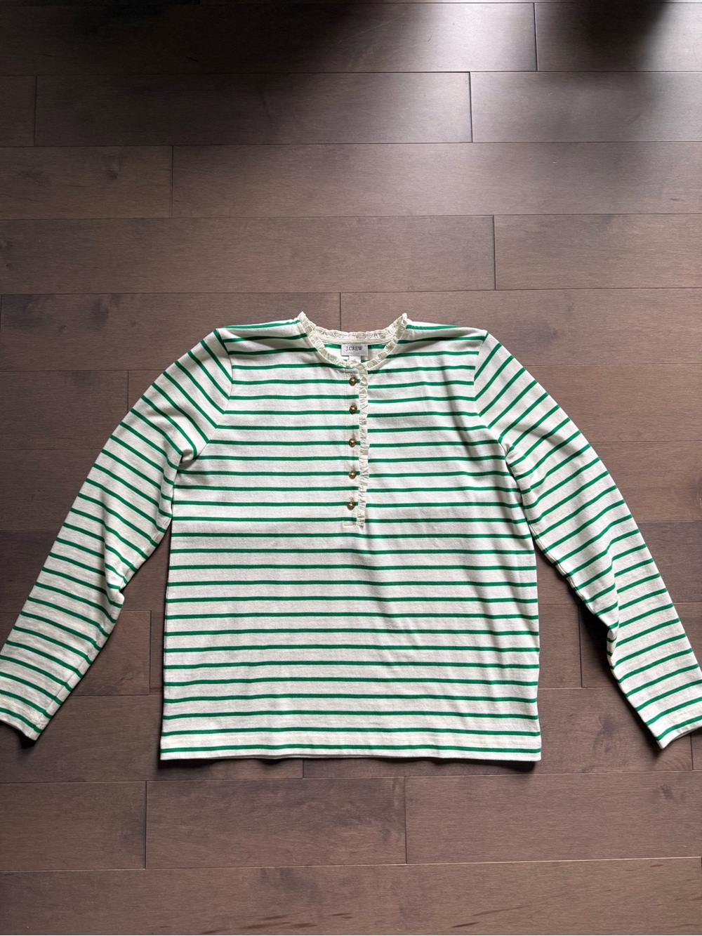J.CREW 100% Cotton Green/White Striped Ruffle Knit Henley Long Sleeve Top
